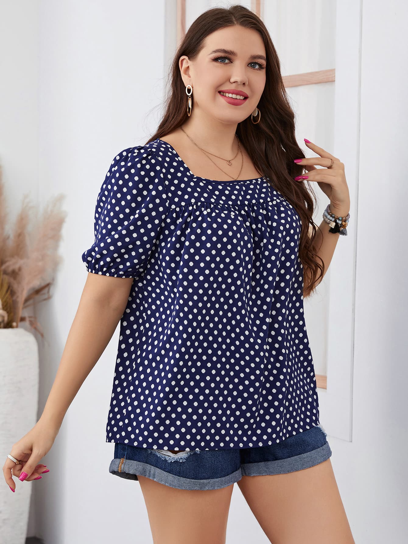 Trendsi honey polka dot blouse for women in navy blue with white dots and puff sleeves