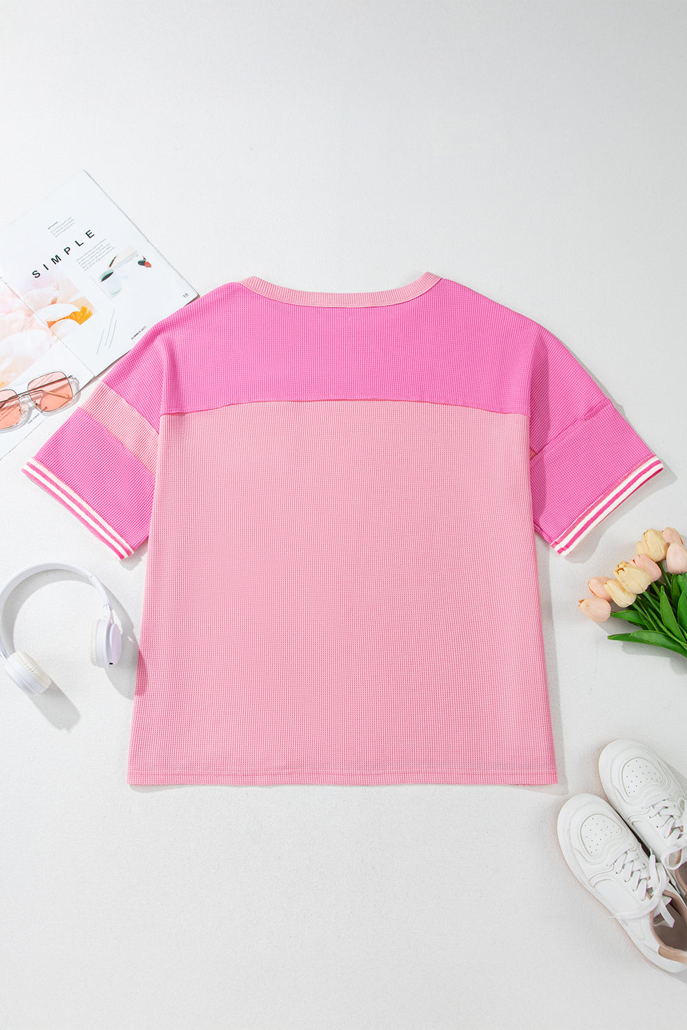 Plus size pink stripe patchwork summer shirt with relaxed fit and short sleeves