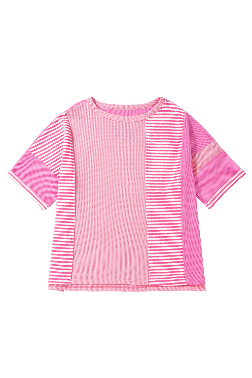 Plus size pink stripe patchwork summer shirt with short sleeves and relaxed fit