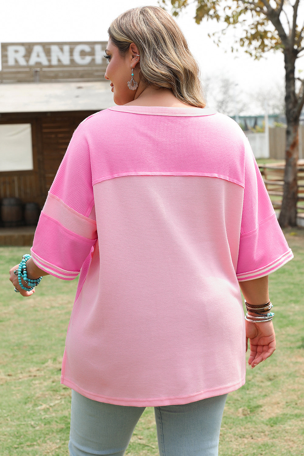 Plus size pink stripe patchwork summer shirt with relaxed fit and short sleeves