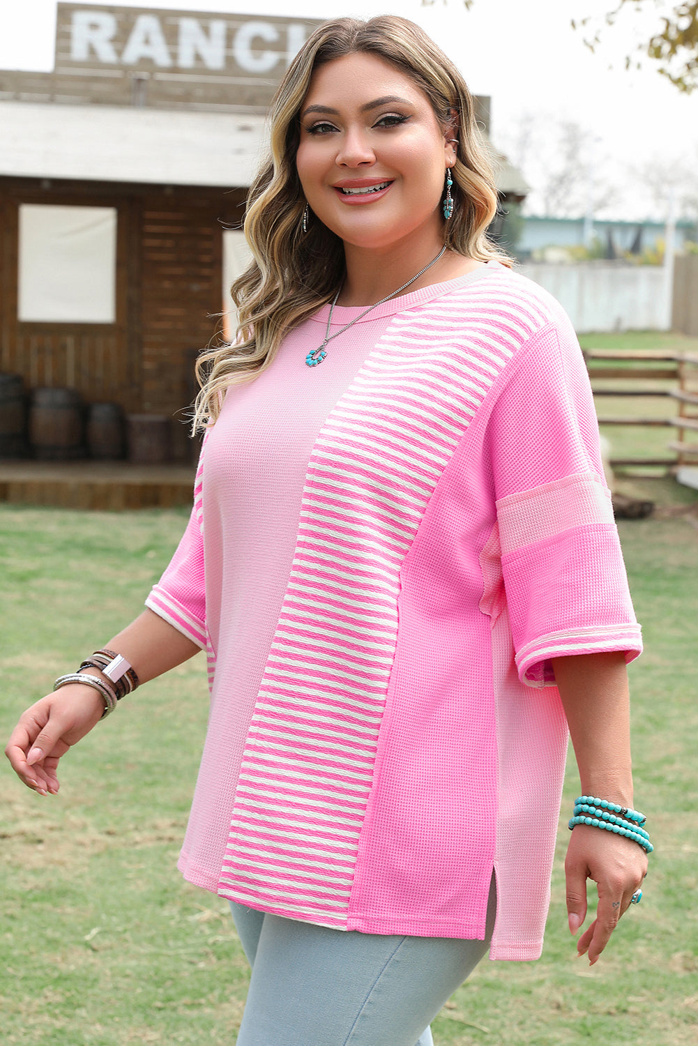 Plus size pink stripe patchwork summer shirt with relaxed fit and short sleeves