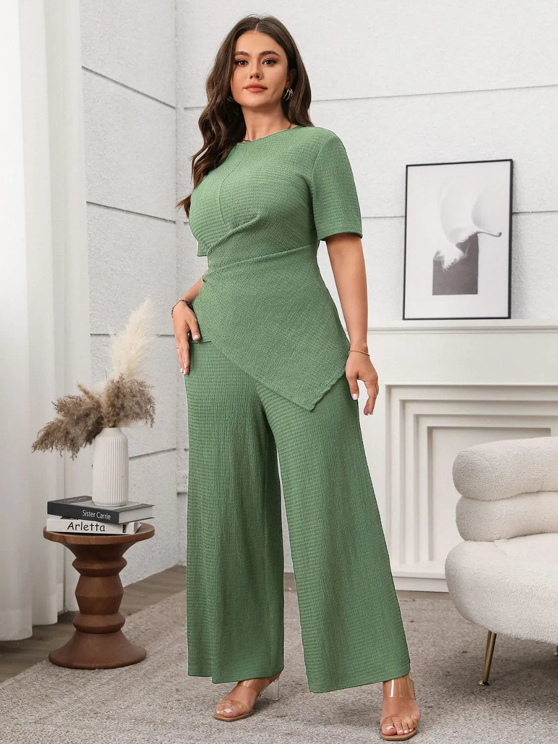 Trendsi plus size asymmetrical pants set in green featuring short sleeves and wide-leg pants