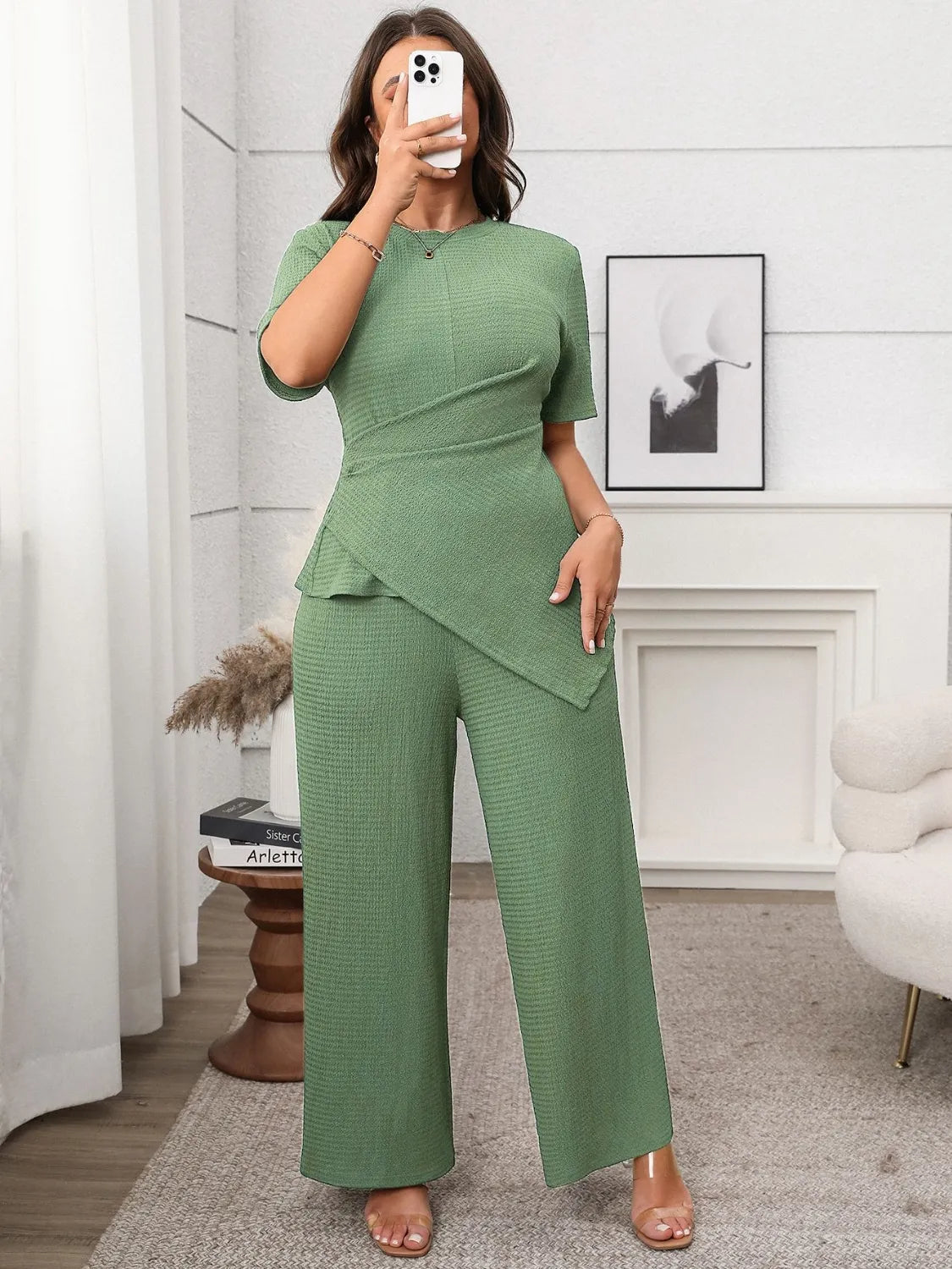 Trendsi plus size asymmetrical pants set in textured green fabric with short sleeves and wide leg pants
