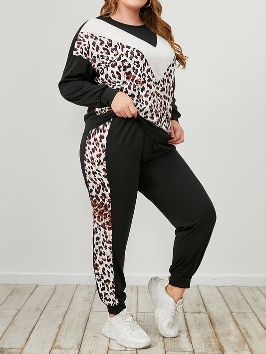 Trendsi plus size leopard print tracksuit with black and white color block and side panel leopard accents