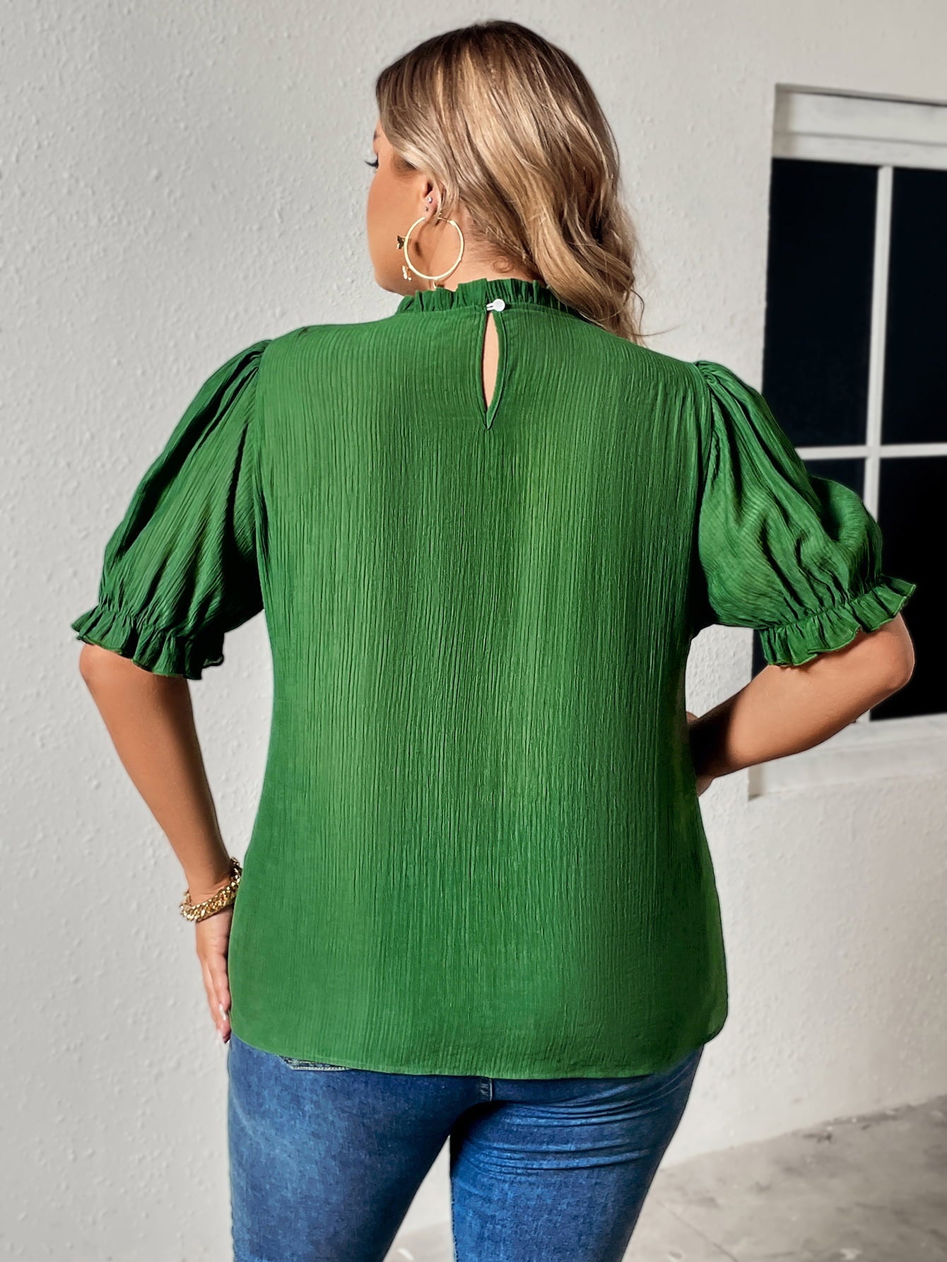 Green round neck plus size top for women with button keyhole back and puff sleeves
