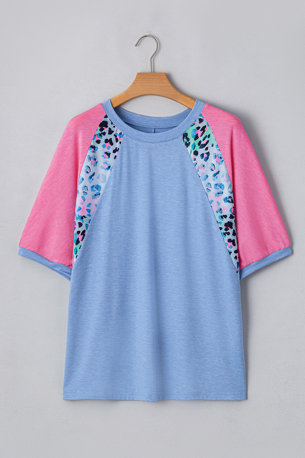 kjplussizefashion sky blue colorblock plus size top with pink sleeves and leopard print accents