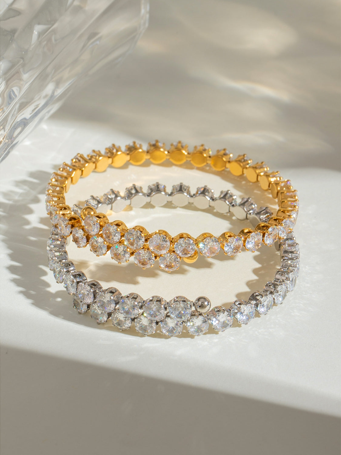 Trendsi gold and silver stainless steel zircon bracelet set with sparkling round stones