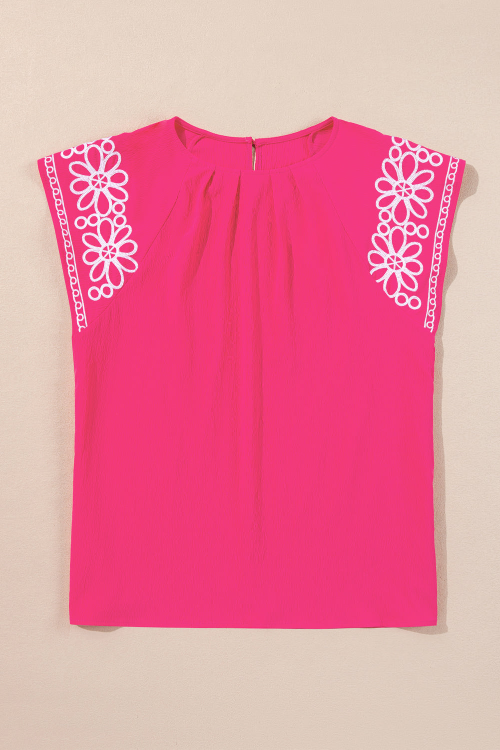 Strawberry pink embroidered blouse in plus size with white floral embroidery on sleeves