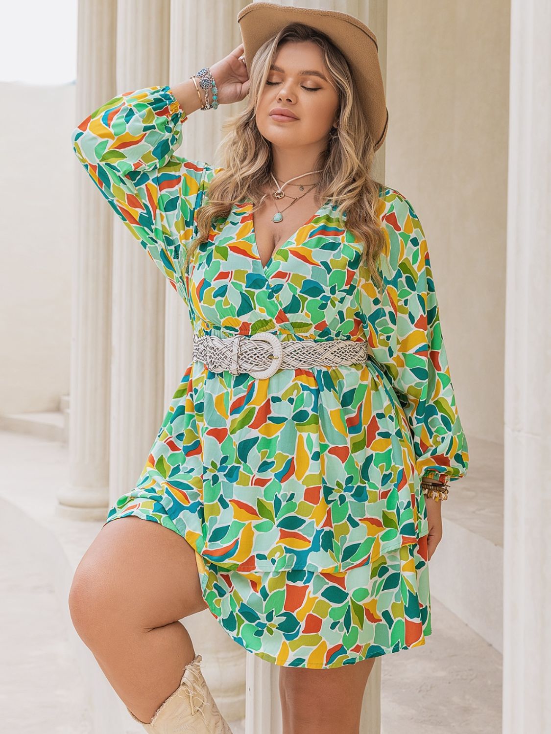 Trendsi surplice long sleeve dress for curvy women with colorful leaf print and belted waist