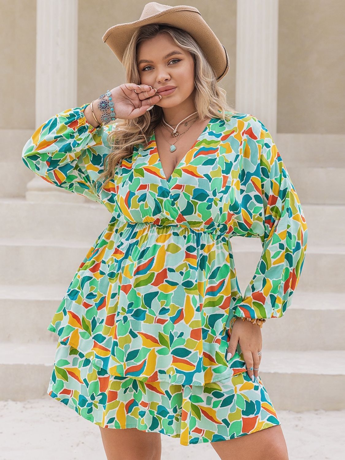 Trendsi surplice long sleeve dress for curvy women with colorful leaf print and elastic waist