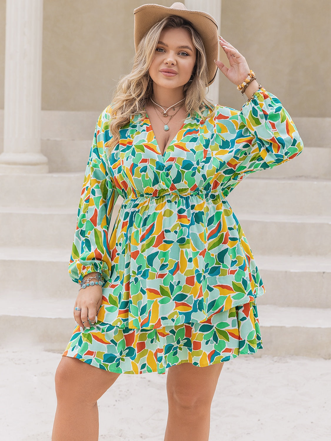 Trendsi surplice long sleeve dress for curvy women with colorful leaf print and tiered skirt