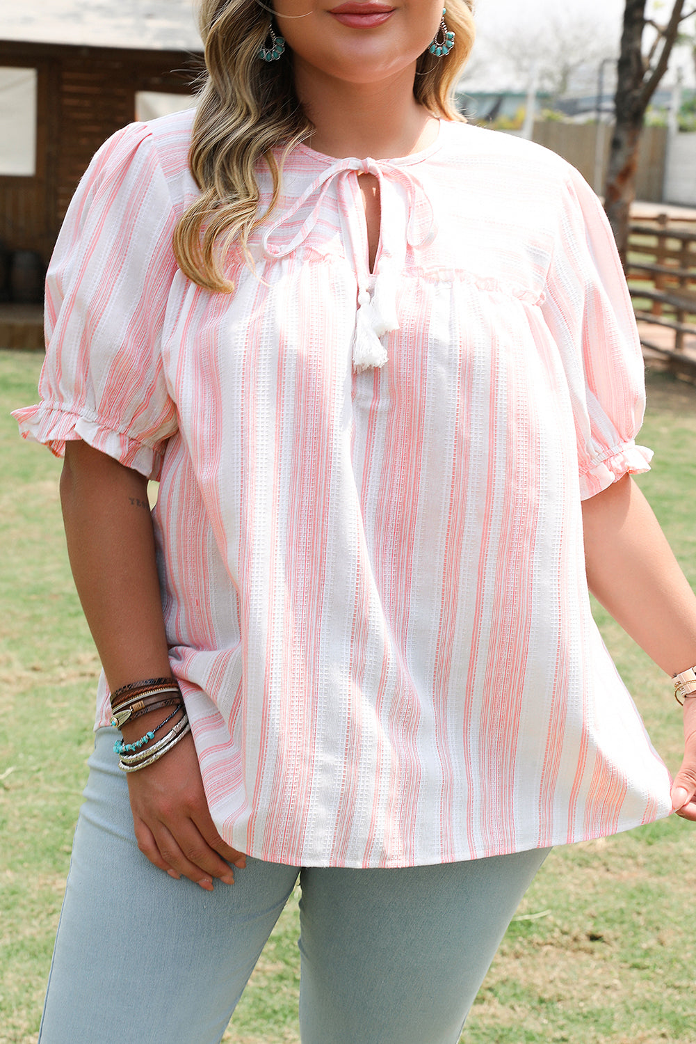 kjplussizefashion tassel tie frilled sleeve top for curvy women in pink and white striped design