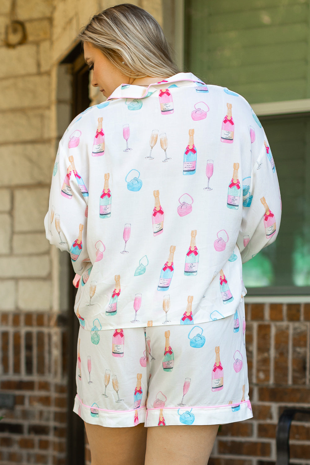 White bow knot sleepwear for curvy women with champagne and drink print plus size loungewear