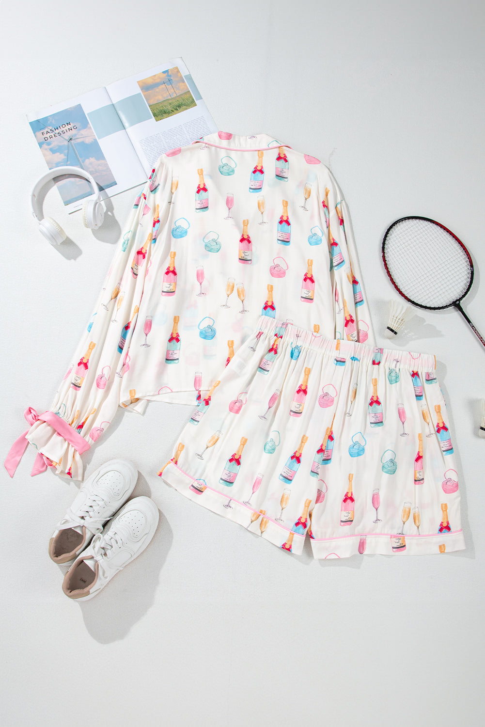 White bow knot sleepwear for curvy women featuring a colorful drink print long sleeve top and shorts set