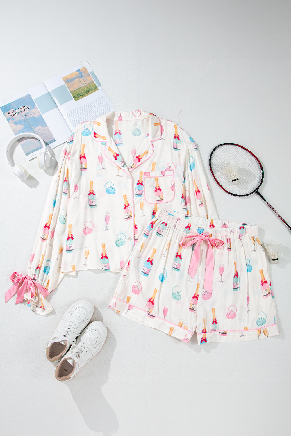 White bow knot sleepwear for curvy women pajama set with colorful perfume bottle prints and pink ribbon details