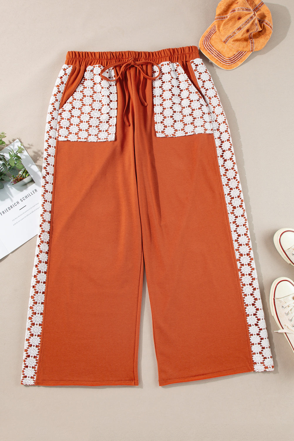 kjplussizefashion plus size wide leg pants with drawstring and pockets in rust orange with white crochet details