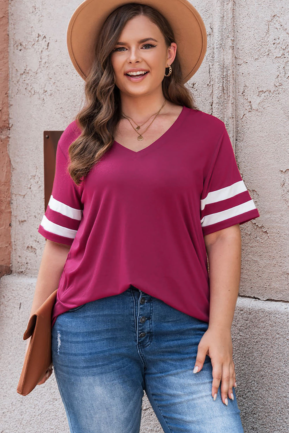 Trendsi women's plus size striped sleeve top in purple with white stripes on short sleeves
