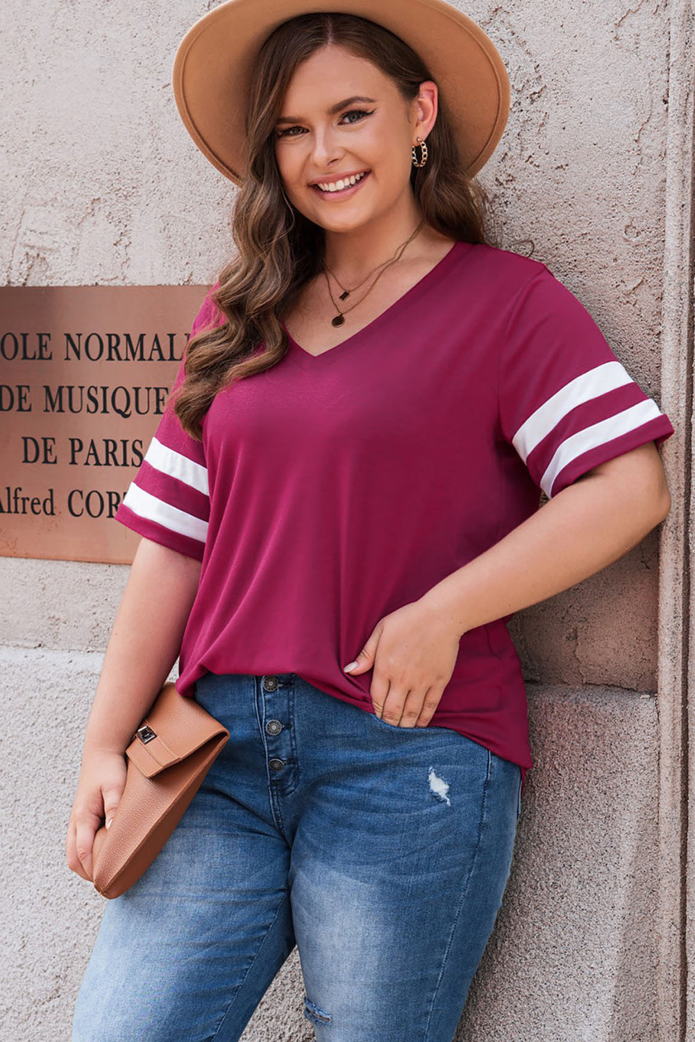 Trendsi women's plus size striped sleeve top in burgundy with white stripes styled with blue jeans and a tan hat