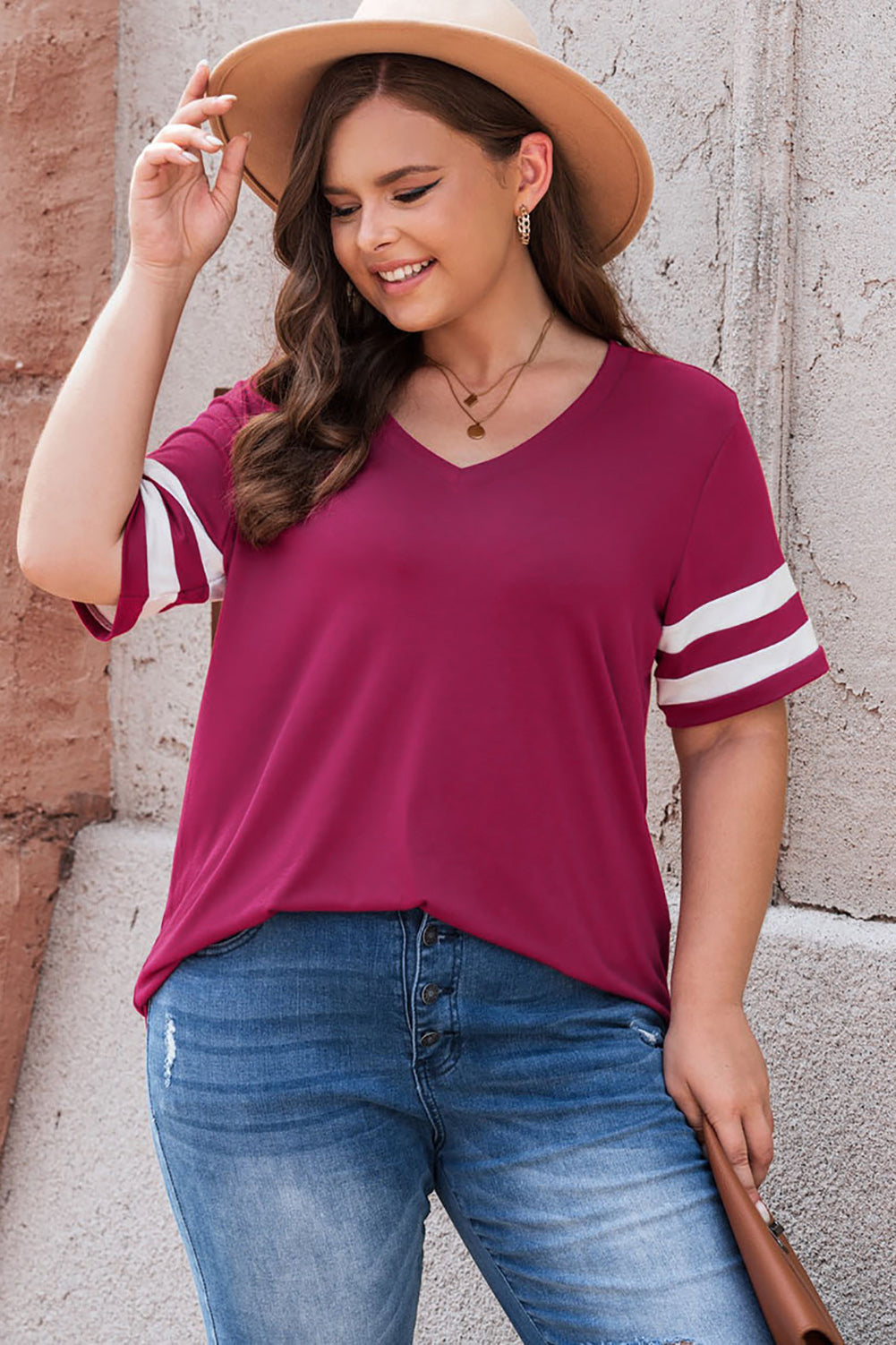 Trendsi women's plus size striped sleeve top in burgundy with white stripes on sleeves and v-neck