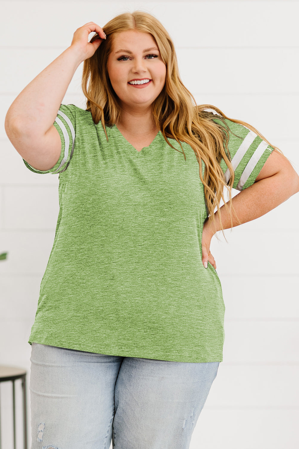 Trendsi women's plus size striped sleeve top in green with white stripes on sleeves