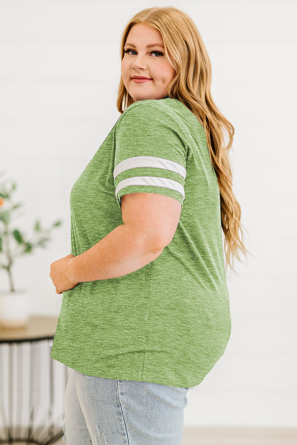 Trendsi women's plus size striped sleeve top in green with white stripe detail and short sleeves