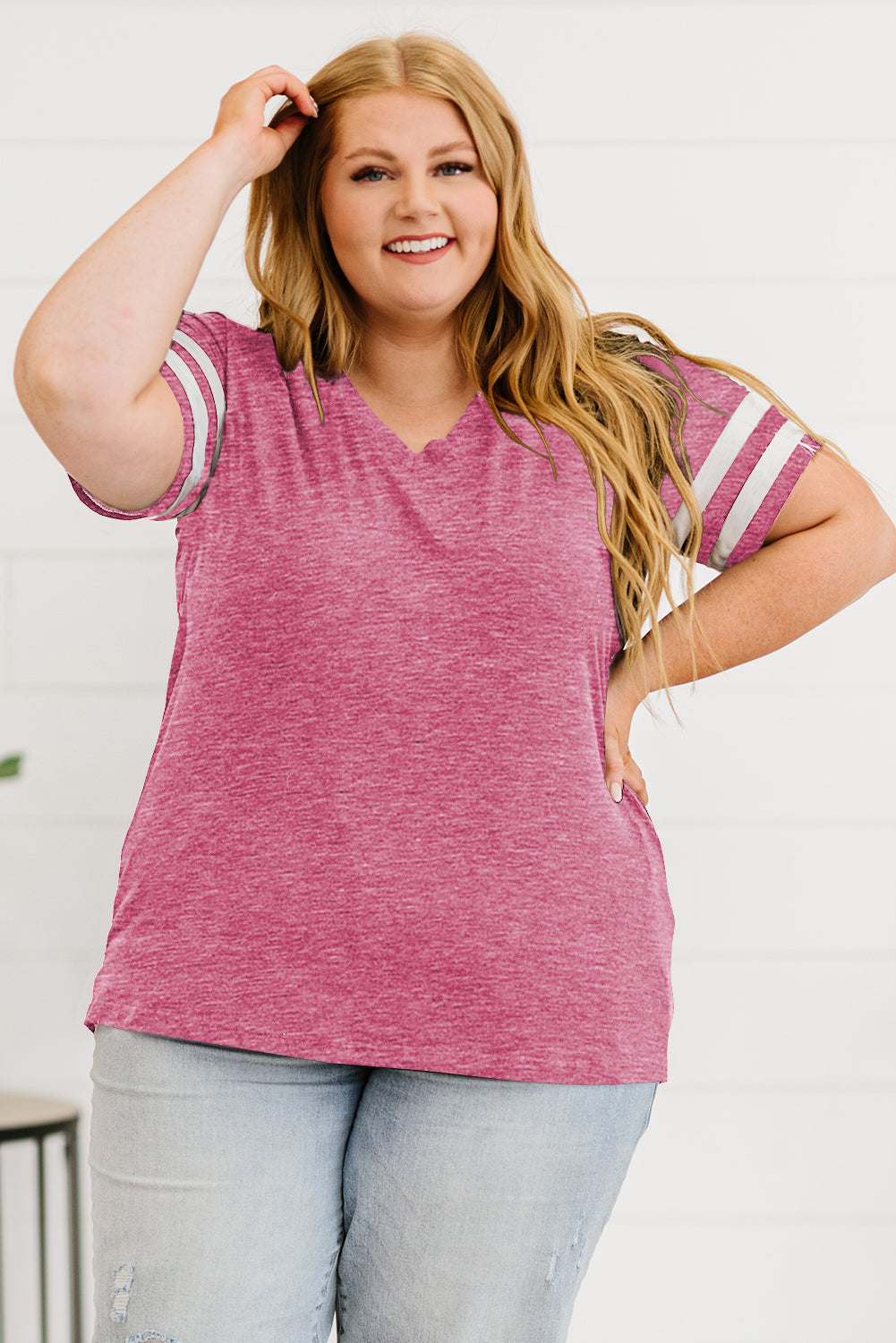 Trendsi women's plus size striped sleeve top in pink with white stripes on sleeves