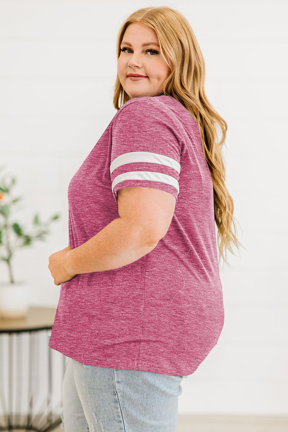 Trendsi women's plus size striped sleeve top in pink with white stripes on short sleeves