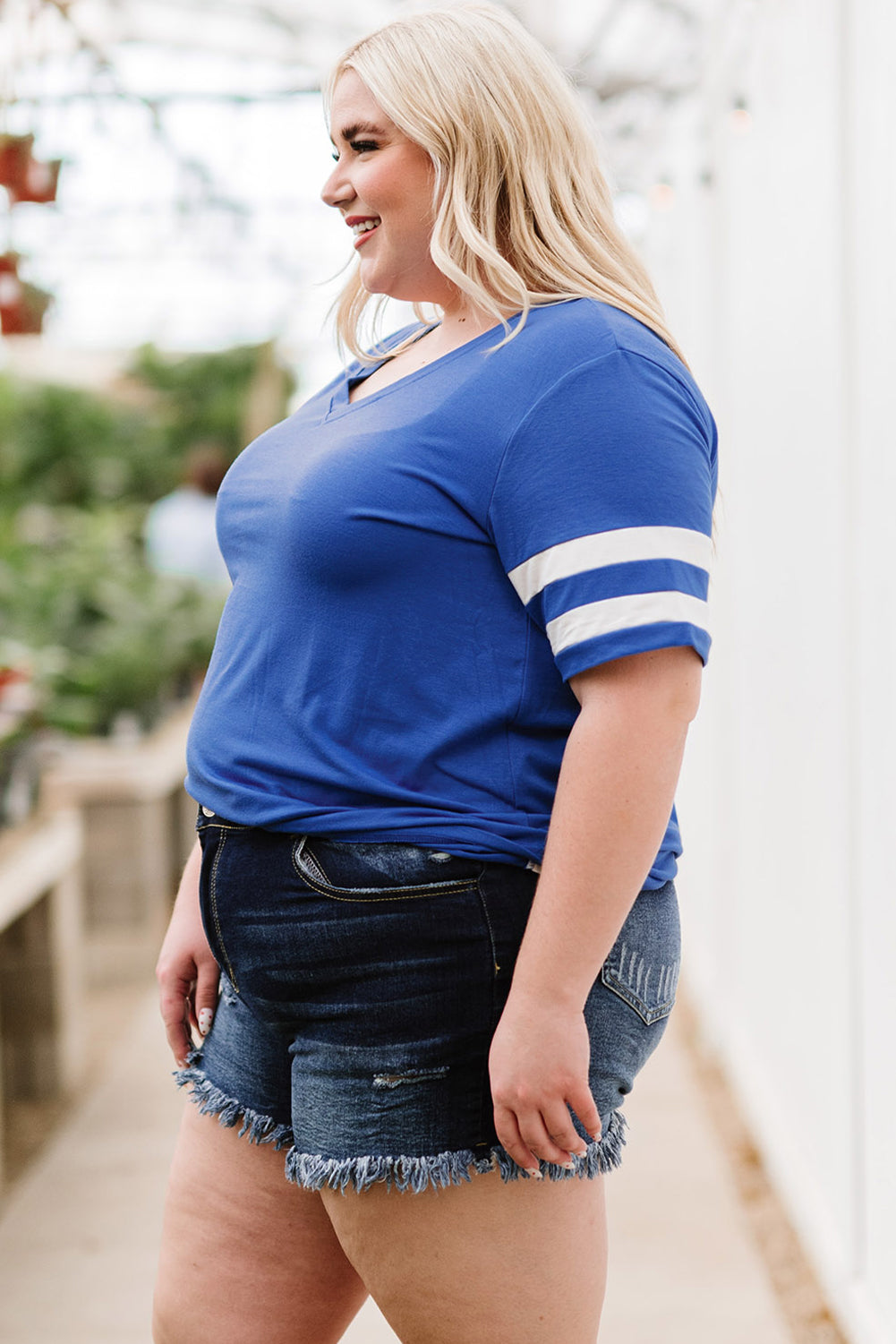 Trendsi women's plus size striped sleeve top in blue with white stripes styled with denim shorts