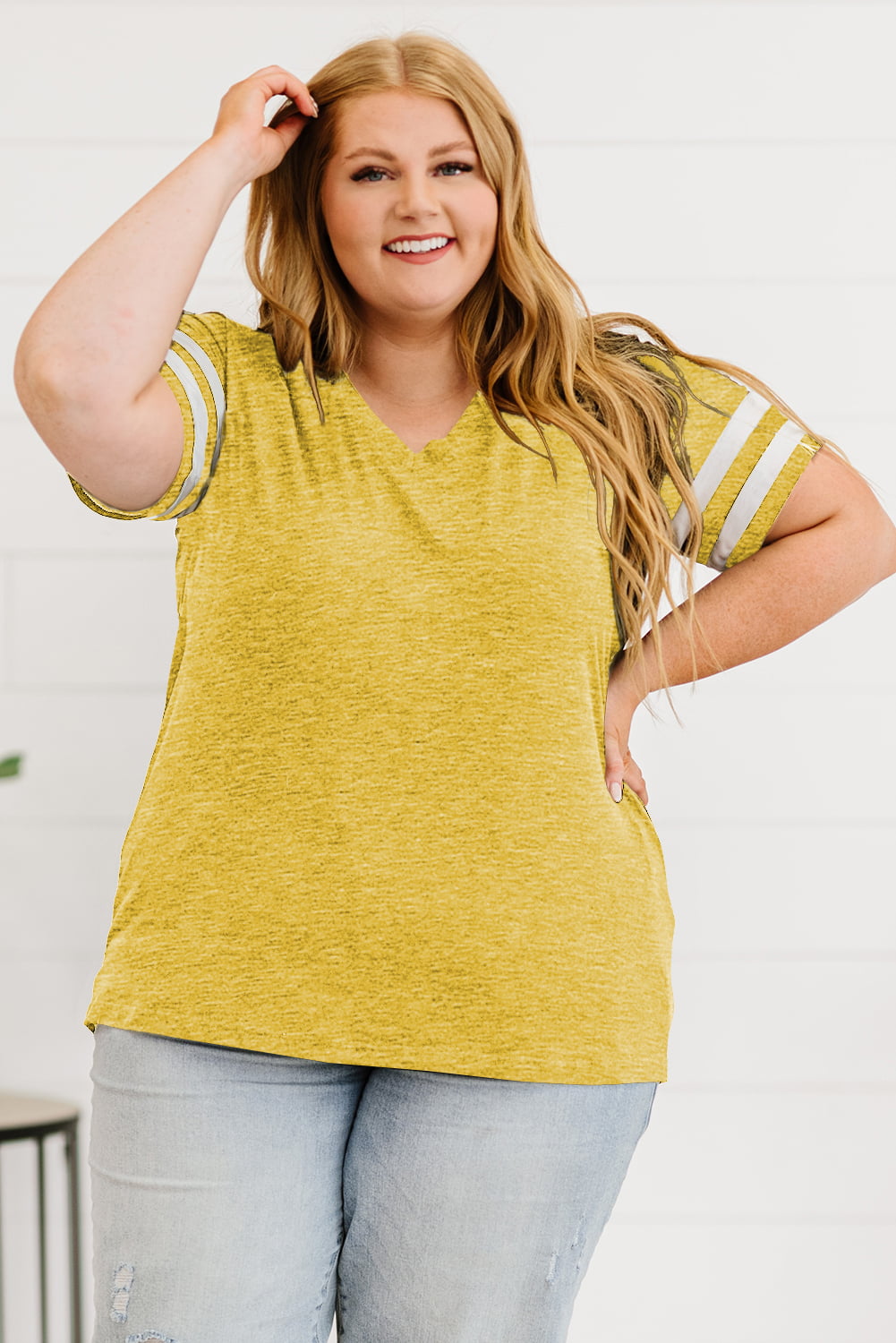 Trendsi women's plus size striped sleeve top in yellow with white stripe details and v-neck