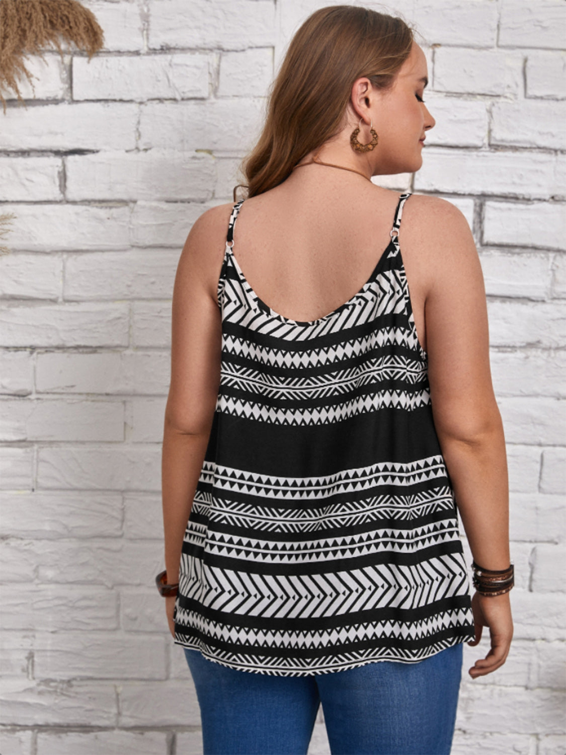 Trendsi women's plus size summer tank top with black and white tribal print and adjustable straps