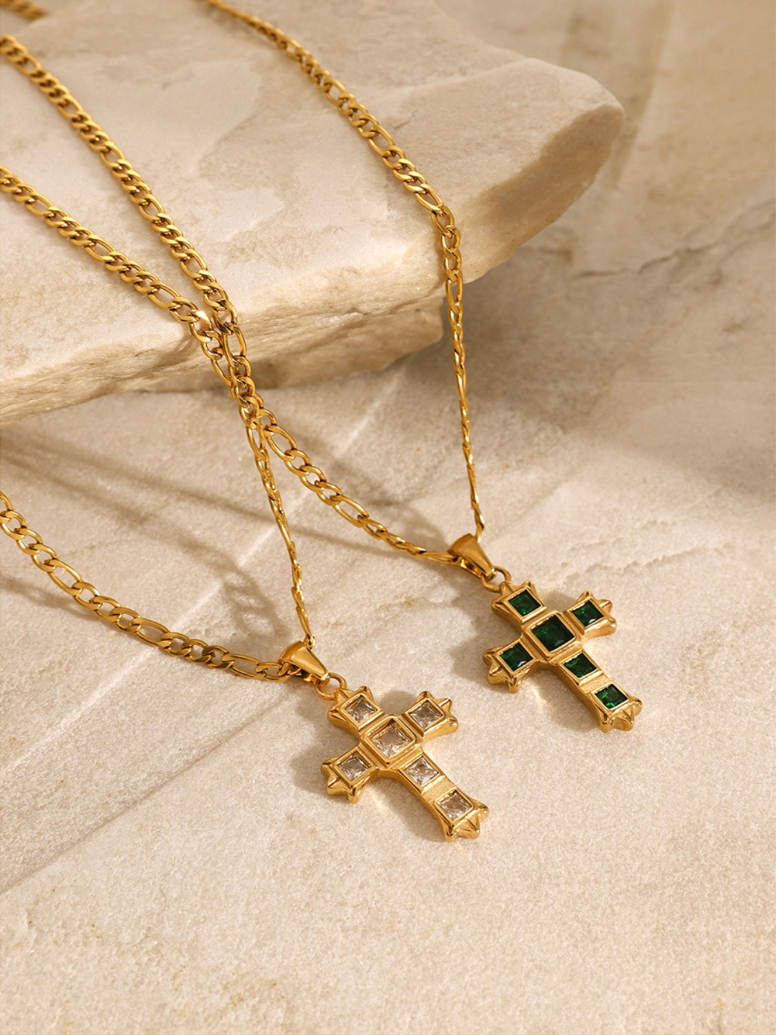 Trendsi gold zircon cross pendant for women with clear and green stones on gold chains
