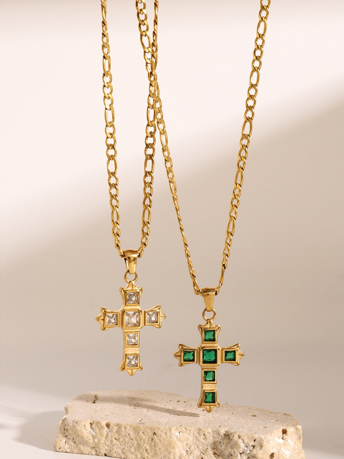 Trendsi zircon cross pendant for women with gold chain featuring clear and green gemstone designs