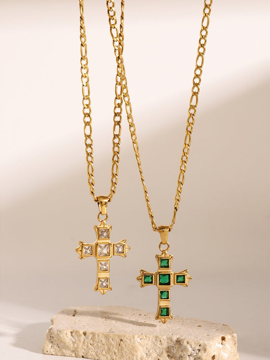 Trendsi zircon cross pendant for women with gold chain featuring clear and green gemstone designs