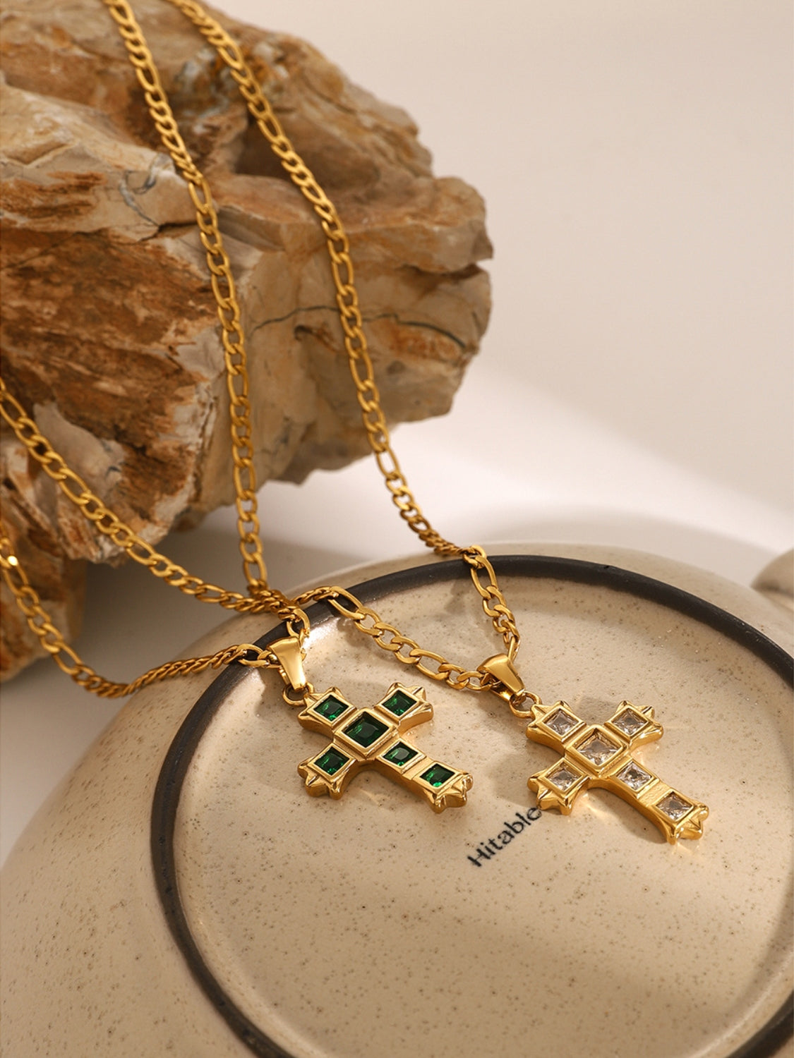 Trendsi gold zircon cross pendant for women with green and clear stones on delicate chains