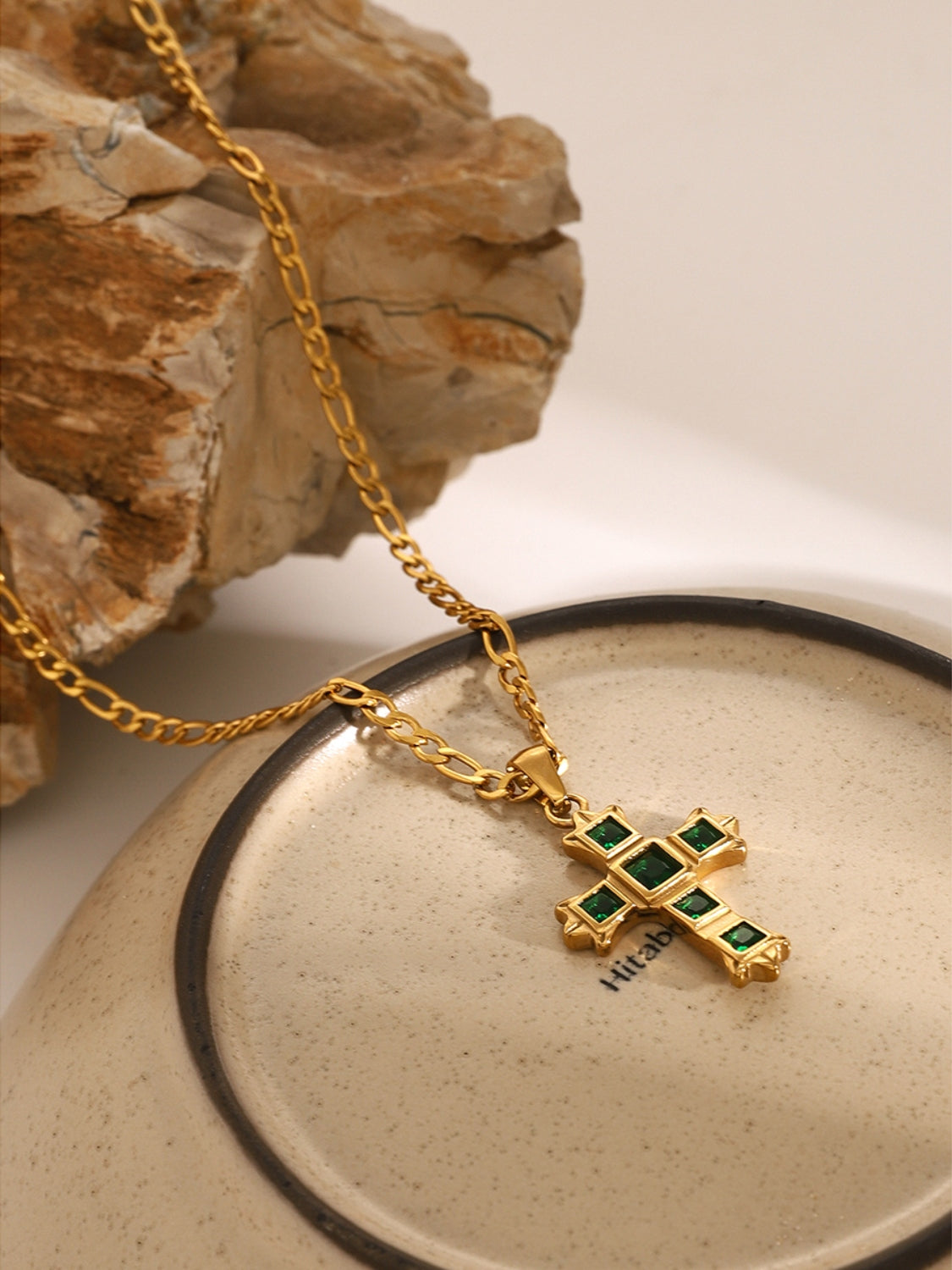Gold chain necklace with zircon cross pendant for women featuring green stones inlaid in gold setting