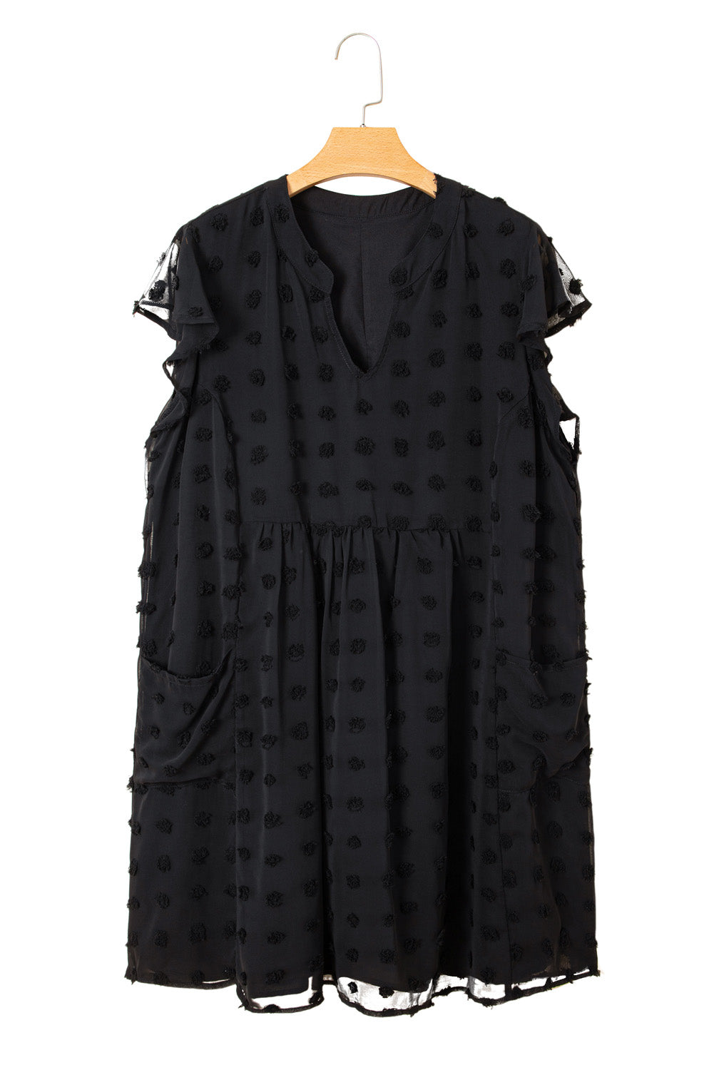 Black dotty plus size summer dress with short sleeves and pockets on hanger