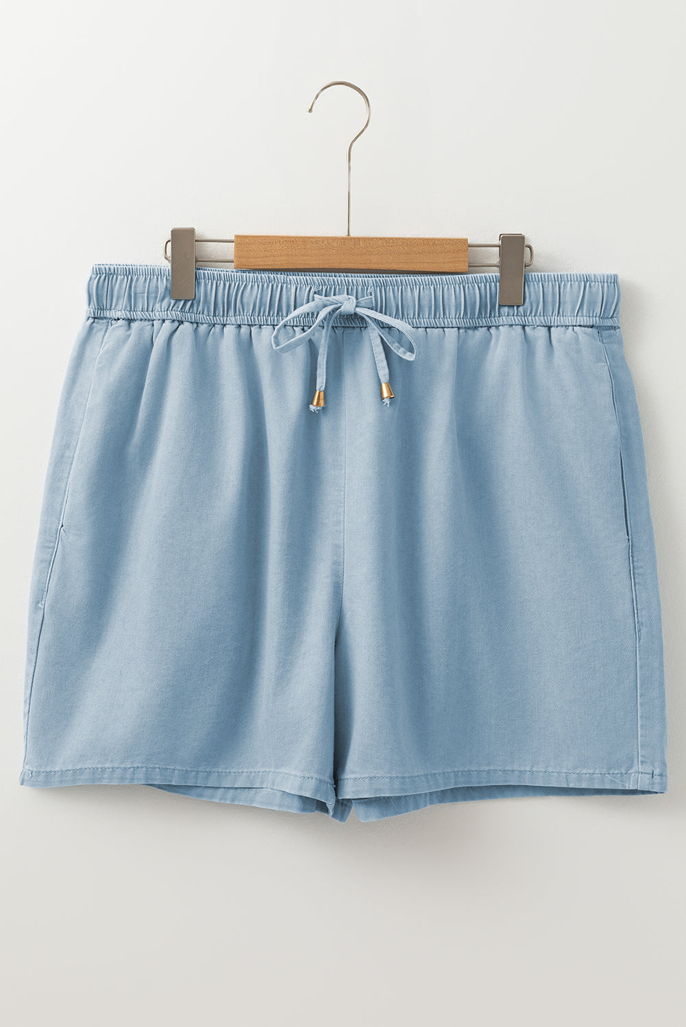 Light blue elastic waist plus size summer shorts with drawstring and side pockets