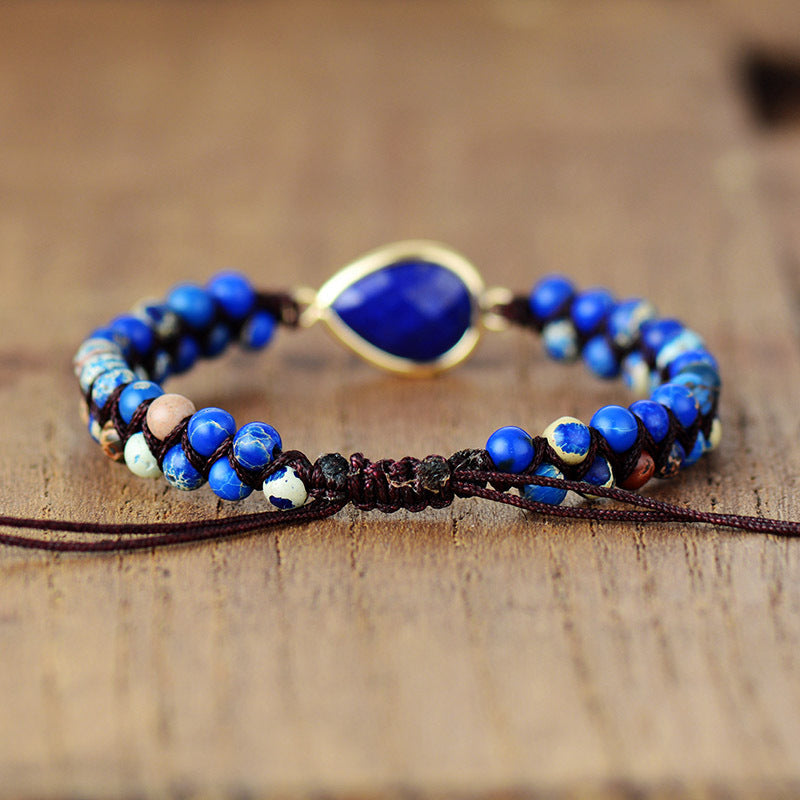 Trendsi blue gemstone teardrop bracelet with vibrant blue beads and adjustable brown cord