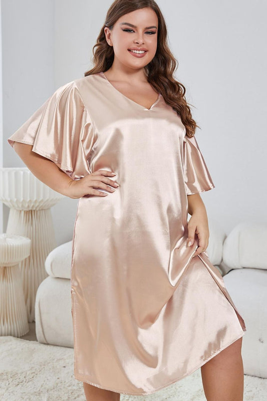 Trendsi comfortable plus size nightwear for women in silky beige fabric with flutter sleeves