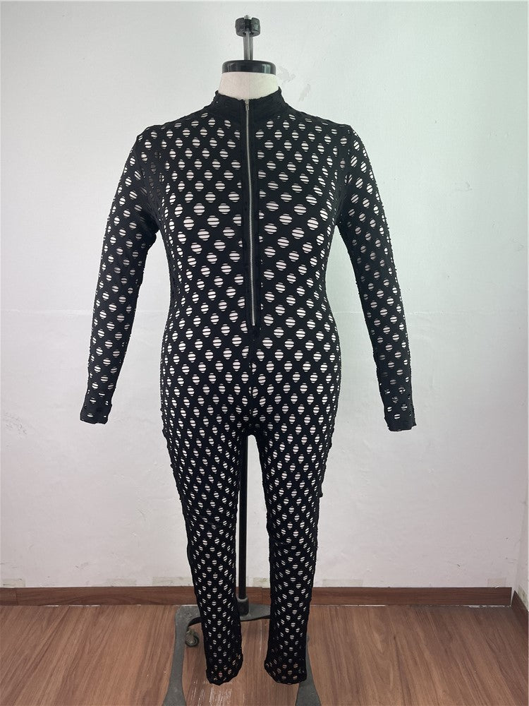 Black curvy women zip front jumpsuit with long sleeves and cutout pattern on mannequin