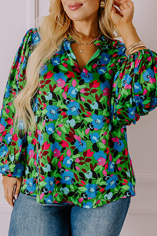 Floral print plus size blouse with blue and pink flowers and long puff sleeves