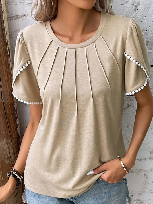 Beige full size round neck top for women with pleated front and decorative trim on sleeves