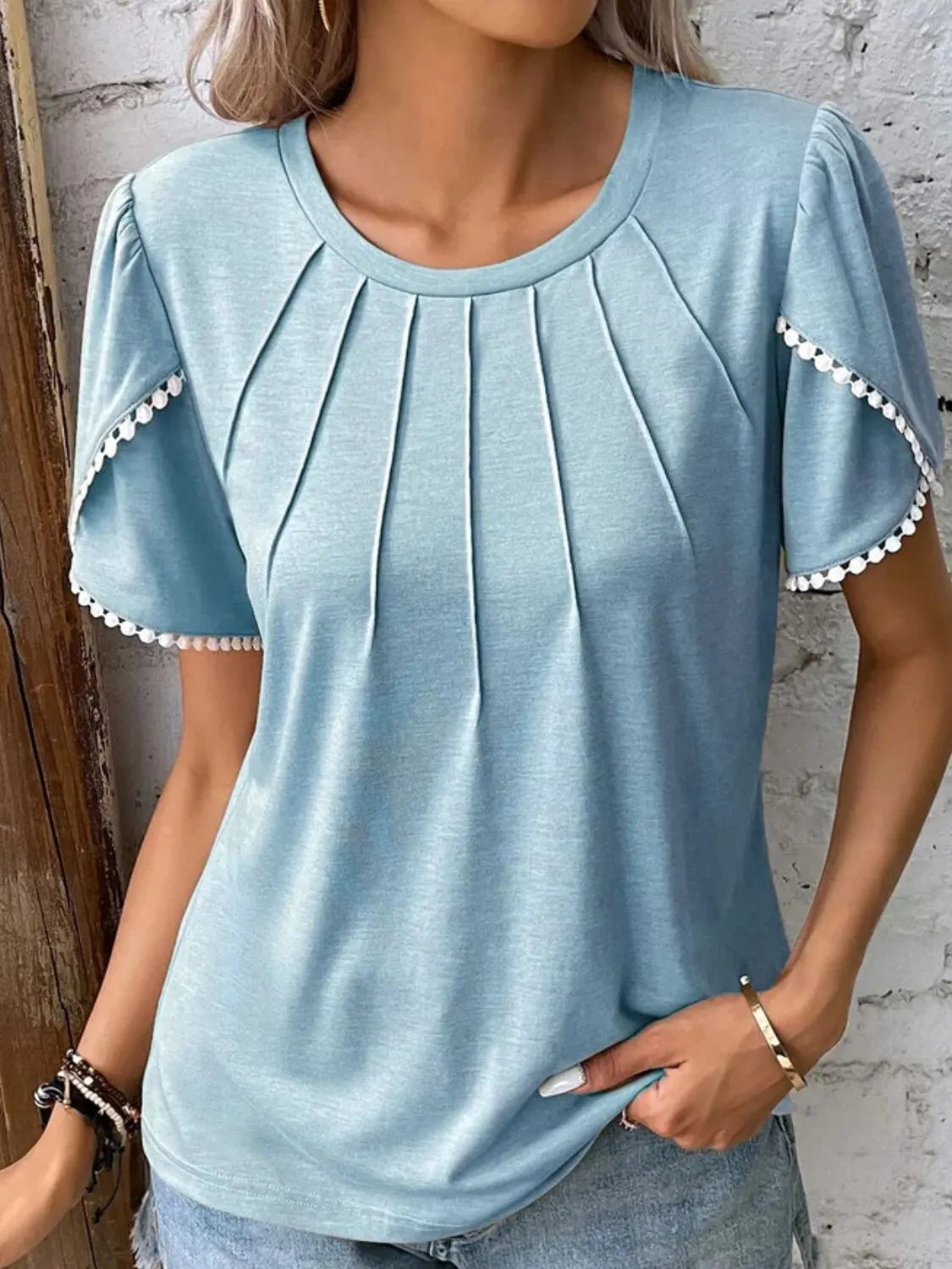 Trendsi full size round neck top for women in light blue with pleated front and decorative sleeve trim