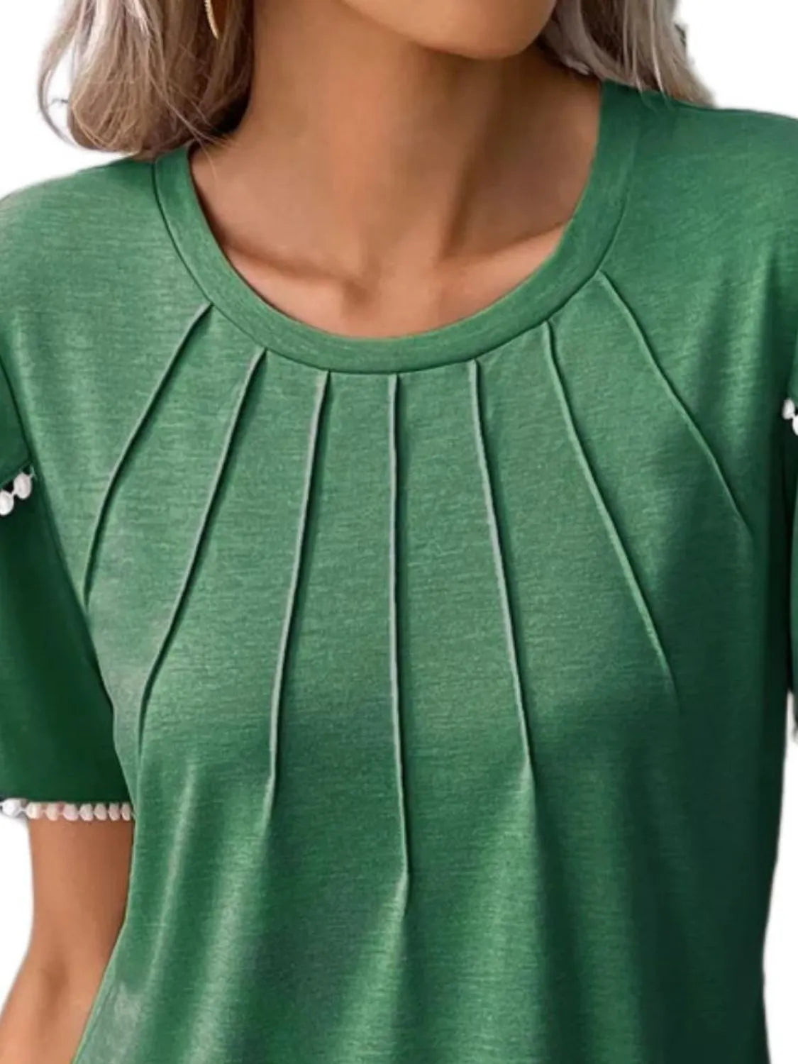 Green full size round neck top for women with pleated front and short sleeves