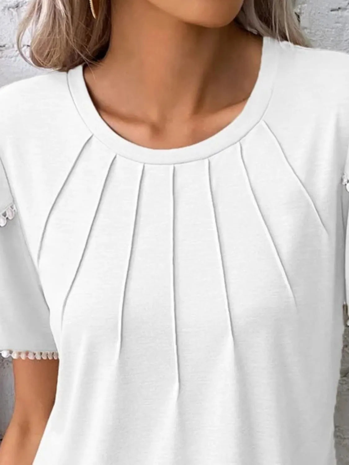 White full size round neck top for women with pleated front detail and short sleeves