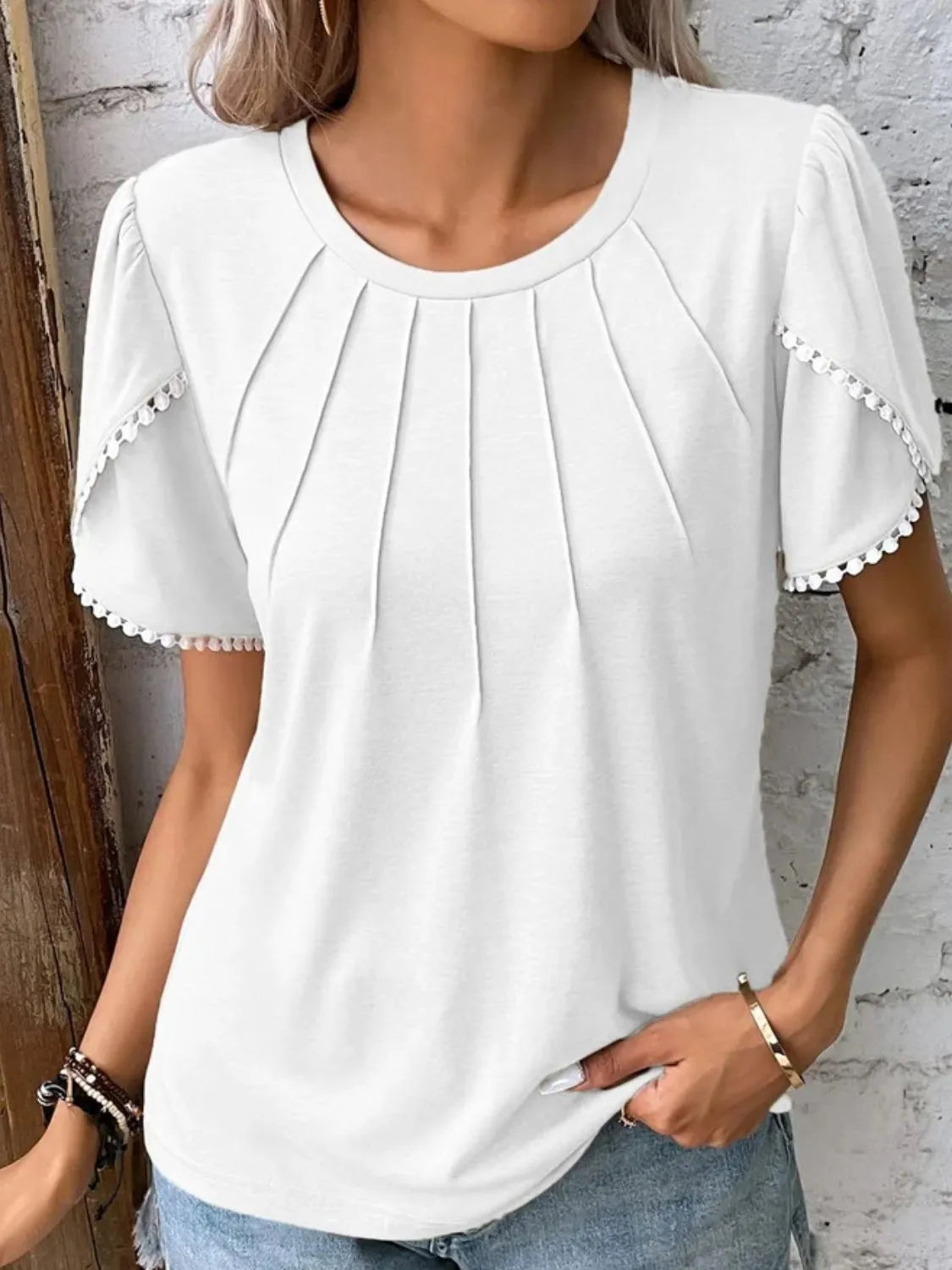 Trendsi white full size round neck top for women with pleated front and short puff sleeves