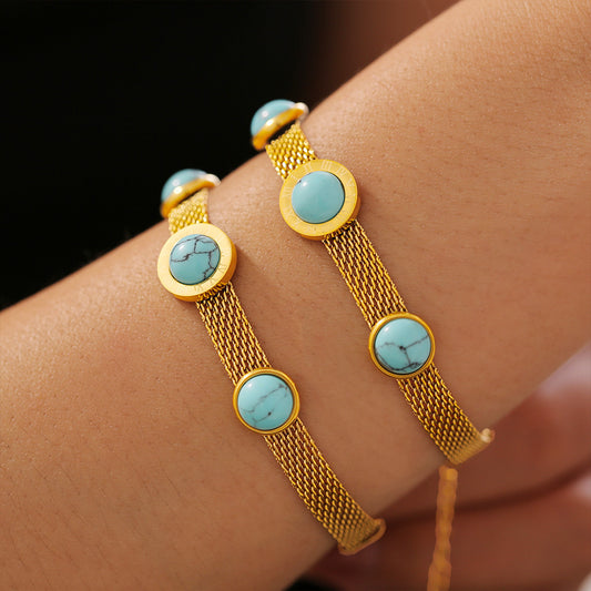 Trendsi turquoise titanium steel bracelet with gold mesh band and round turquoise stones