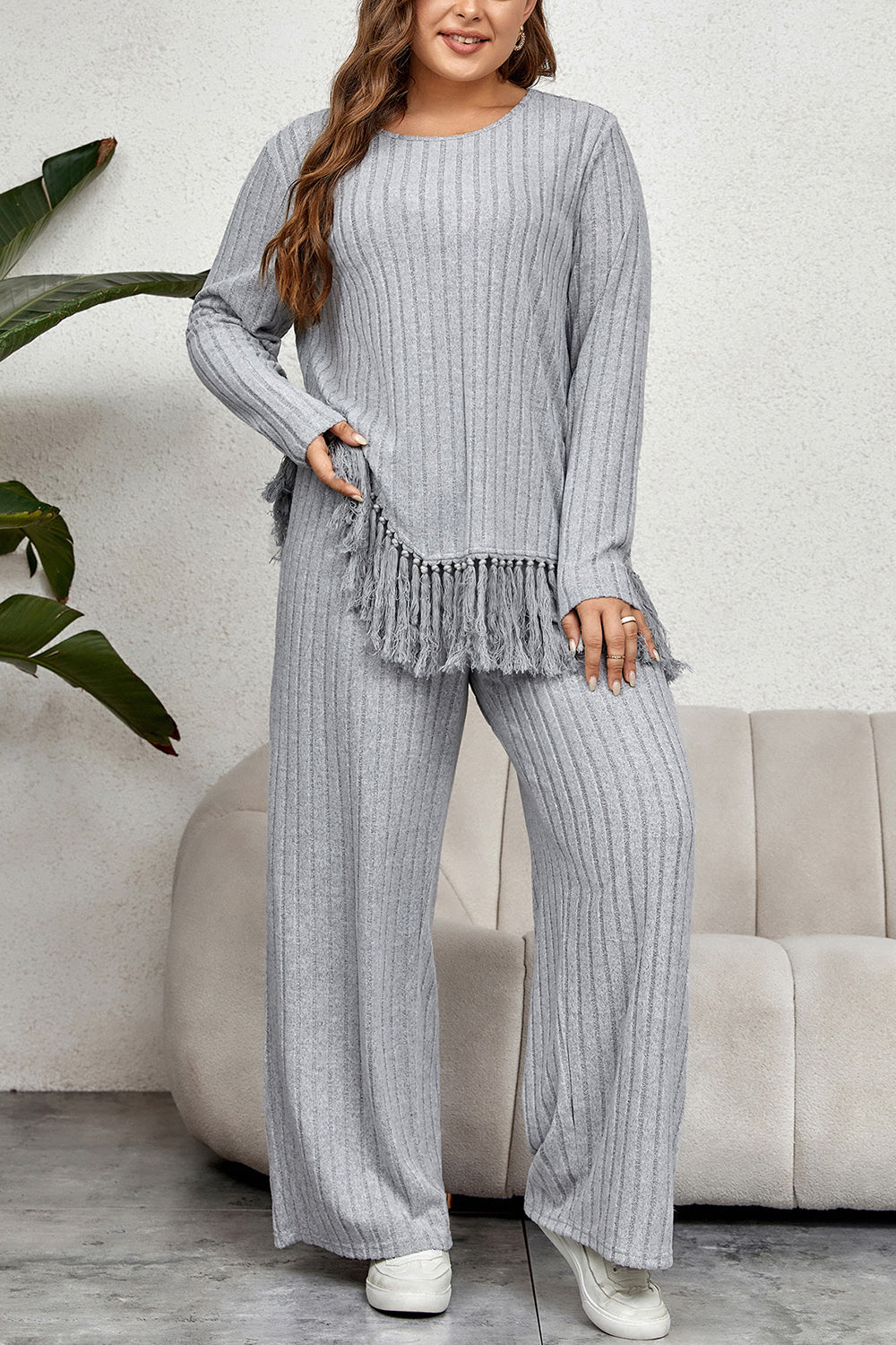 Trendsi honey plus size two piece set in gray ribbed fabric with fringe detail and wide-leg pants
