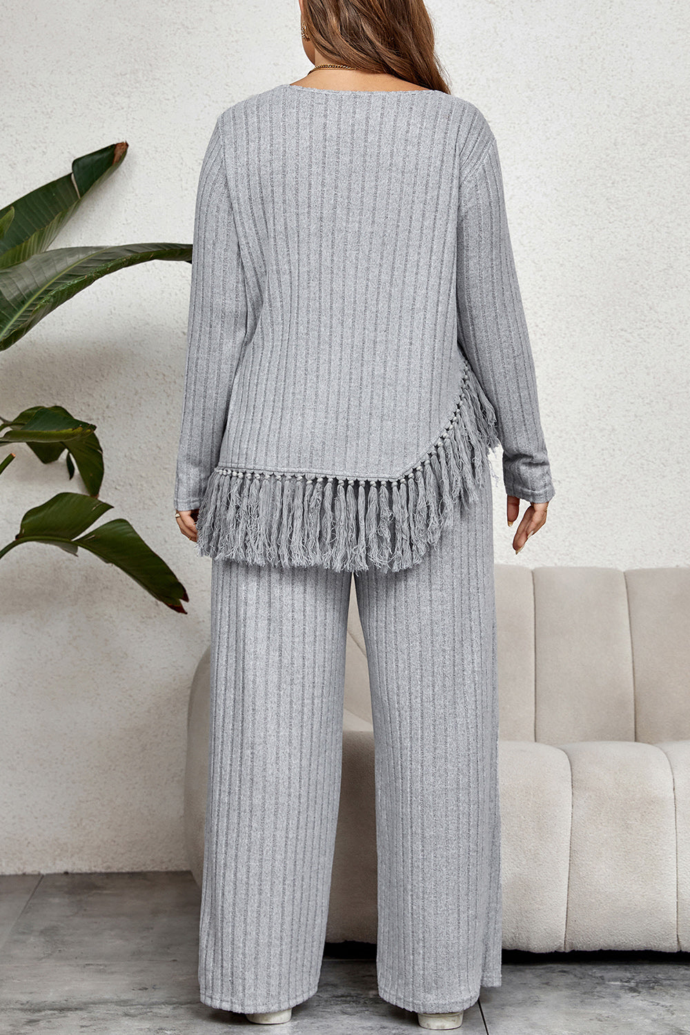 Trendsi honey plus size two piece set in gray ribbed knit with fringe detail, long sleeves and wide leg pants