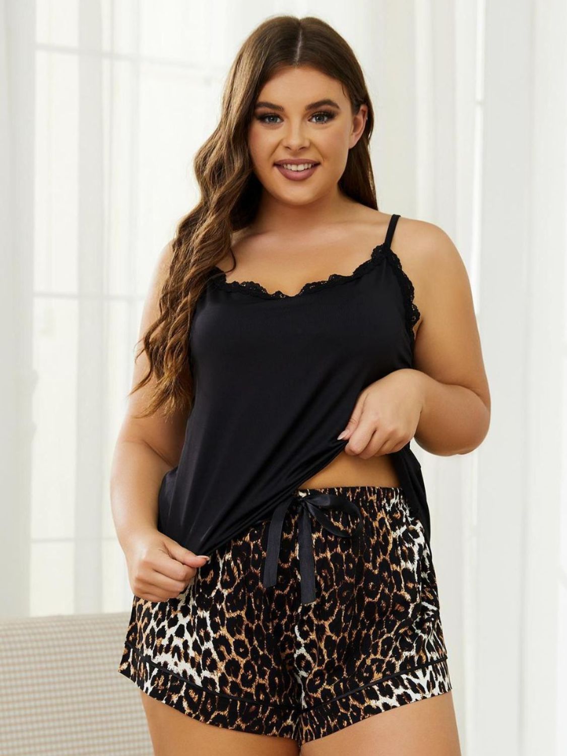  lace trim plus size sleepwear featuring a black cami top and leopard print shorts set